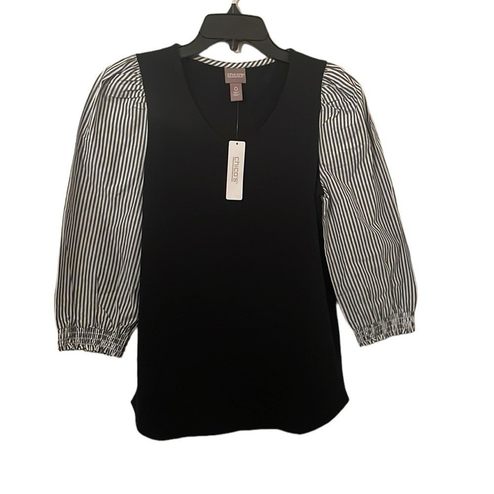 Chico's Women's Black V-Neck Blue/White Striped Bishop Sleeve Top Size 0 (S/4)